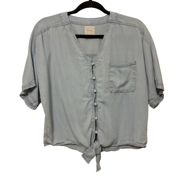 Harper Chambray Button Up Front Tie Blouse Women’s S Blue Short Sleeve - Picture 1 of 8